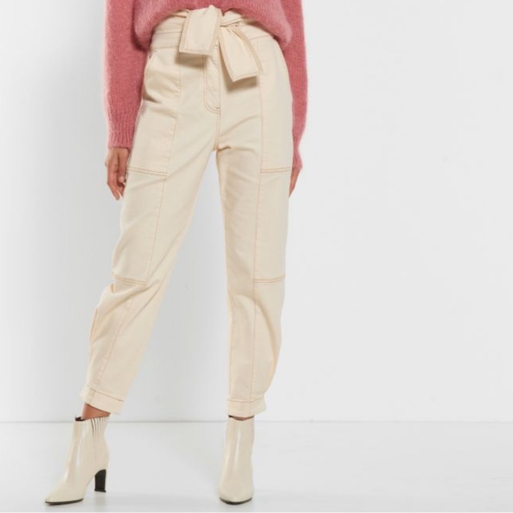 Ulla Johnson $395 Storm Pants Tapered Tie Waist Jeans in Blanc Tan Ecru Small